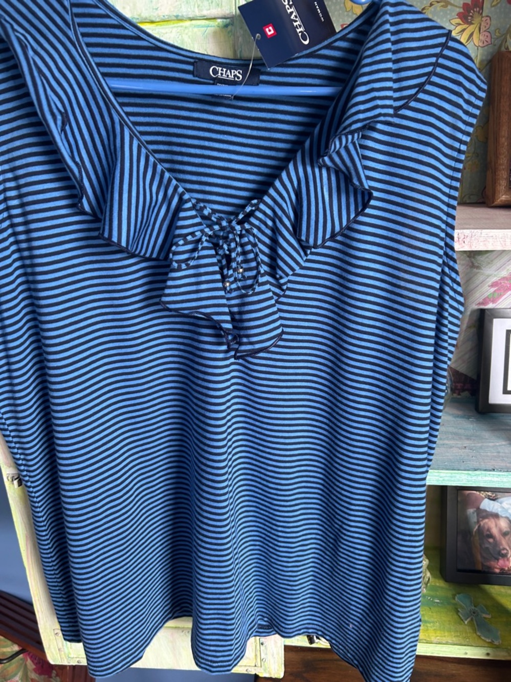 Chaps Blue & Black Striped Ruffle V-Neck Tank